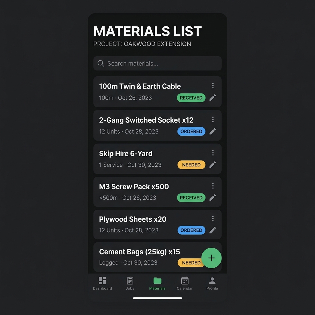 Materials tracking list showing status badges for Needed, Ordered, and Received parts
